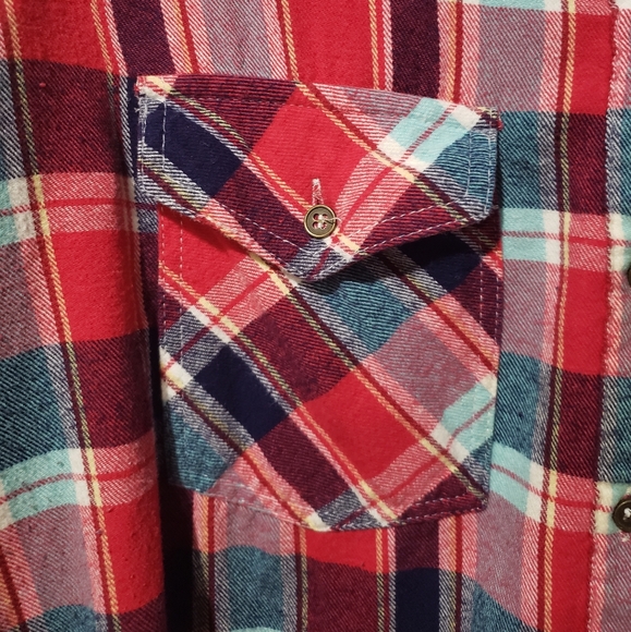 Hint of Mint Lace Back Red Boyfriend Plaid Rolltab Long Sleeve - Picture 4 of 7